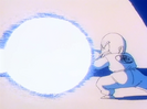 Krillin fires a Kamehameha to stop the lava