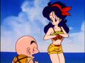 Krillin looking at Launch who was just about to change her clothes outside