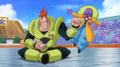 Android 16 protecting a small bird from Android 15 in Dragon Ball Heroes