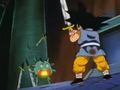 Goku attacking a Fire head with a sword