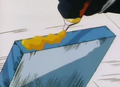 Goku applies an adhesive to his ship