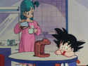 Goku waiting while Bulma is having coffee