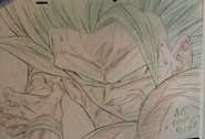 Fotograma clave para el cruce especial Toriko × One Piece × Dragon Ball Z de Son Goku Supersaiyano 3 preparando un Kamehameha Auténtico .