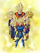 Shallot, junto a sus aliados, haciendo el ritual del Supersaiyano Dios.