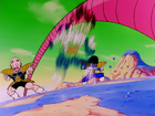 Frieza attacks Vegeta, Krillin, and Gohan with his tail