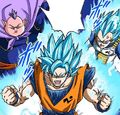 Grand Supreme Kai powering up with Super Saiyan Blue Goku and Super Saiyan Blue Vegeta in the Dragpn Ball Super manga (Full Color)