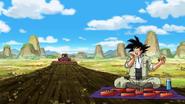 Goku almorzando mientras Goten se encarga de su trabajo