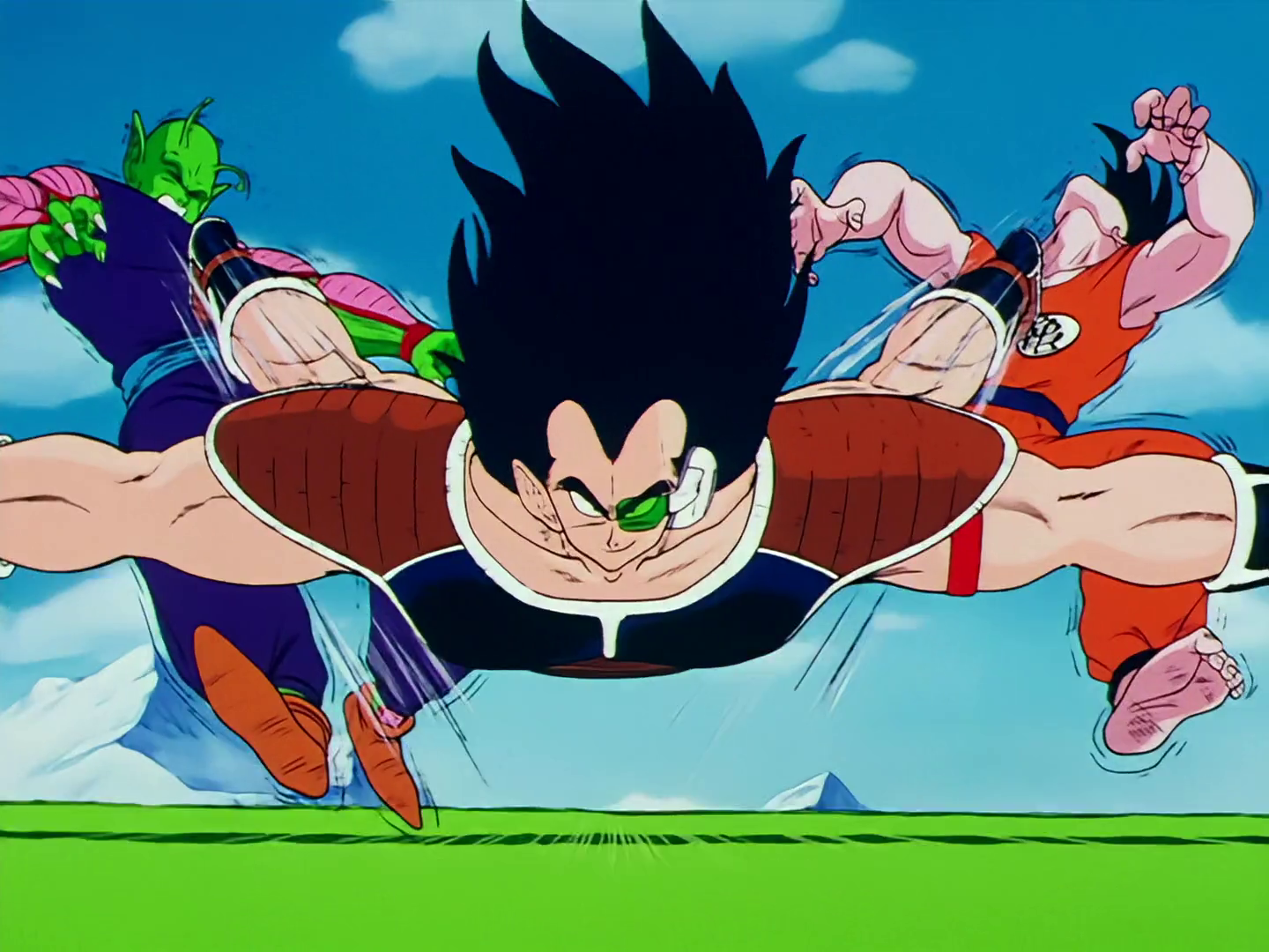 Raditz faces away from his opponent, then as they charge towards him to... 