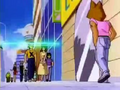 Androids 14 and 15 fire a beam through a building in Super Android 13