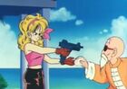 Bad Launch threatening to shoot Roshi with her machine gun