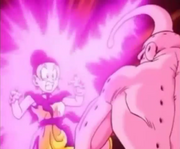 Super Buu turns Chi-Chi into an egg with his Transfiguration Beam