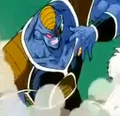 Burter swipes away some dust from Recoome and Vegeta's fight