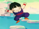 Gohan stopped in mid-air on the fake Namek