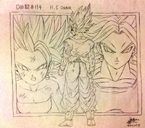 Arte conceptual del episodio 114 del anime de Dragon Ball Super de Son Goku contra Caulifla y Kale Supersaiyanas 2.