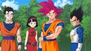 Super Saiyan God Goku next to Vegeta, Videl and Gohan