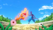 Goku Super Saiyan Dios y Beerus lanzan su primer ataque.