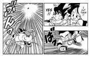 Launch cuts Goku free and Goku throws the bomb into the sky