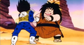 Yajirobe, desperate to protect himself, tries to fool Vegeta