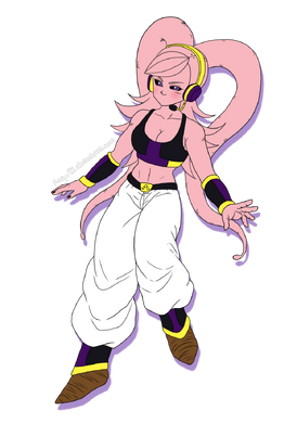 63108 - not furry, safe, artist:plague of gripes, majin buu (dragon ball), alien, fictional species, humanoid, dragon ball (series), 16:9, 2015, abstract background, black sclera, bottomwear, bra, clothes, colored sclera, female, majin