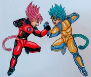 A picture of Super Saiyan Rosé Ledas dueling Super Saiyan Blue Taiko