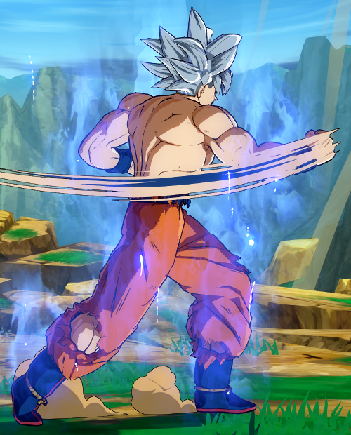 Goku SSJ4 em Dragon Ball FighterZ num ataque de Kid Goku