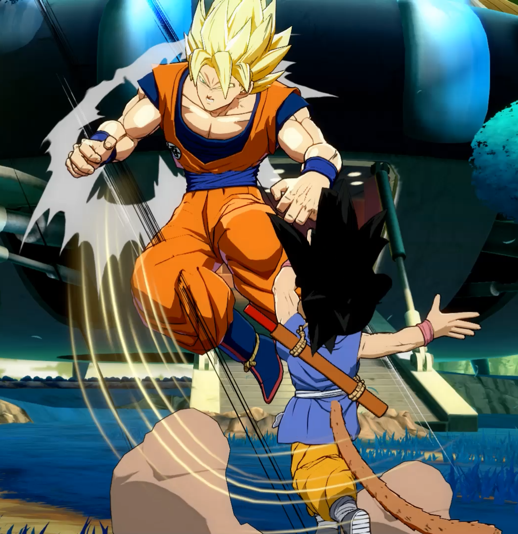 Goku SSJ4 em Dragon Ball FighterZ num ataque de Kid Goku