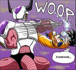 Goku charging a Kamehameha towards Freeza