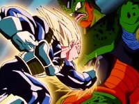 Супер Сайян 2ой Стадии Веджета атакует Полу-Совершенного Селла