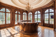 The wet bar in the ballroom with chandelier and windows of the Spencer House