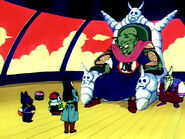 King Piccolo sitting stationary on his throne, with Pilaf, Mai, and Shu