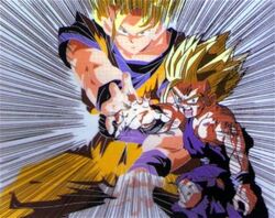 Gohan fires the Father-Son Kamehameha against Super Perfect Cell