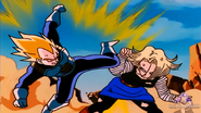 Android 18 blocks Vegeta's kick with her arm