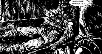 Il cadavere di un uomo infettato dal Saphis, con funghi affioranti dal corpo.