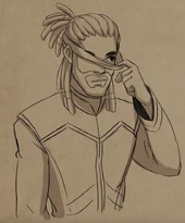 Harrow peeking through his blindfold