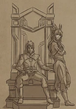 Aaravos lounging on the throne of Katolis with Viren[9]