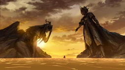 Two large statues depicting a Startouch Elf known as the "Merciful One" lending their hand to a grieving Aaravos.[24]