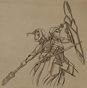Young Sarai and Amaya fighting side by side in the battle against the Magma Titan