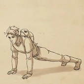 Soren doing pushups with Bait on his back