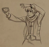 Callum posing with a gourd in the same pose as Sokka from the The Last Airbender