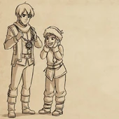 Ellis admiring Callum's magical amulet