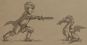 Young Soren fighting a dragon plushy[1]