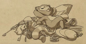 Stella sleeping on a pile of objects she collected[50]