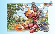 2 Slimes near Mjoll cuddling a She-Slime in Dragon Quest X.