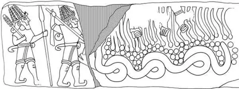 Illuyanka (right) being slain by Tarhunna and his son (left)