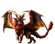 A red lionlike dragon with curved horns