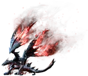 A silvery dragon holding aloft two wings of burning red fire