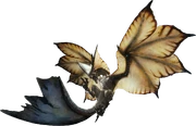 A blue wyvern with white wings. The corners of the wings are slotted, so each finger is surrounded by a white petal of wing membrane. There is a section of wing membrane reminiscent of a bird's tail sheathing the long blue serpentine tail. The wyvern is in a dynamic pose, mid wingbeat, tail curved in a line of action.
