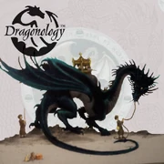 A black dragon with a howda on it's back being lead by a man on the ground holding reigns