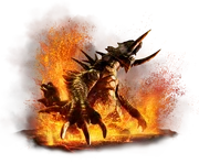 A dragon waist deep in fire, large clawed paws and forward facing tusks