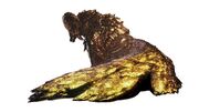 A dragon with curved ram's horns and a sweeping golden tail covered in shaggy, globular chunks of metal, reminiscent of a trailing golden fleece